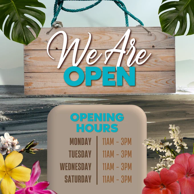 Background image of a beach with small waves. Foreground images of palm leaves and pink, red, and yellow flowers. The image lists the studio's opening hours of Monday-Wednesday 11am-3pm and Saturday 11am-3pm.