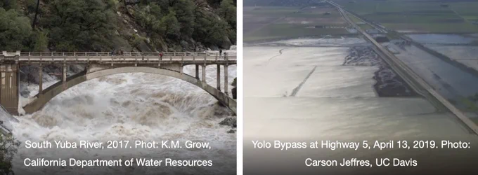 A 2-panel figure. A) South Yuba River, 2017, rushing under a bridge. PC: K.M. Grow, CA Dept of Water Resources. B) Yolo Bypass at Highway 5, 2019, it is flooded. PC: Carson Jeffres, UC Davis. 