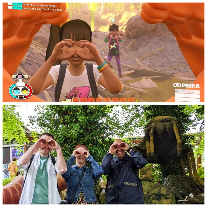 Top: screenshot of two children using their hands as binoculars in the Grounded video game. Bottom: photo of three adults using their hands as binoculars with fake giant spider and vegetation behind them.