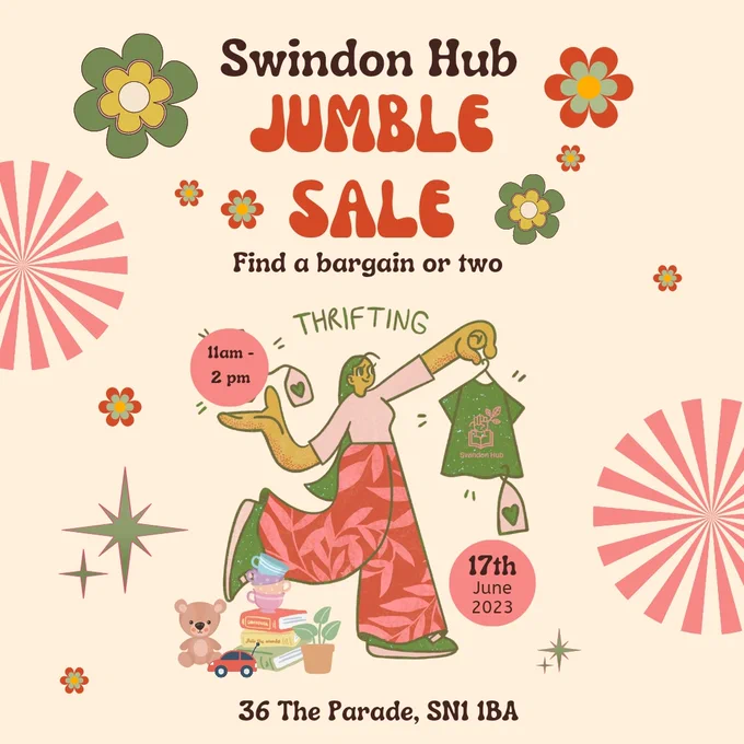 Poster advertising a jumble sale with a person carrying lots of preloved bargains 