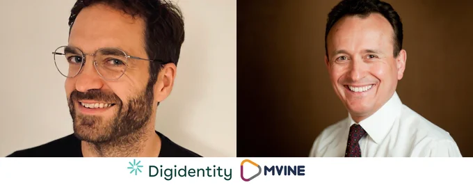 Image shows two photographs and two company logos. On the left, Jonathan Evans, Senior Business Development Manager at Digidentity. On the right, Frank Joshi, Director at Mvine Ltd. The company logos for Digidentity and for Mvine are featured under the photographs. Photo and Logos are copyright. All rights reserved. Used here with permission.