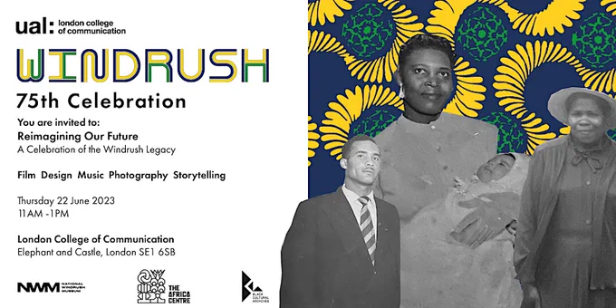 Graphic of the Windrush 75th Celebration event featuring explanatory text and a collage-themed design.