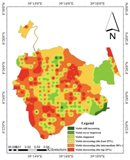 Figure 4. Spatial distribution of the yield classes of fields in Wonji-Shoa Sugarcane Plantation as mapped by IDW interpolation using ArcGIS 10.1 platform.