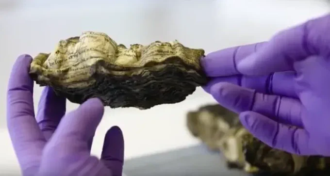 A conservator wearing protective purple gloves and holding a fragment of a 14th century parchment recovered after the fire that destroyed the Public Record Office of Ireland in 1922