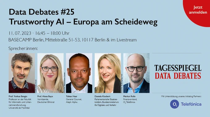 Künstliche Intelligenz ist spätestens seit der Veröffentlichung von ChatGPT in aller Munde. Welche Chancen bietet die Ausnahmetechnologie? Wie sollten wir mit den Risiken umgehen? Und mit welchen Reformen wird Europa zum AI-Technologieführer? Diskutieren Sie mit, bei der 25. Ausgabe der #DataDebates. 
