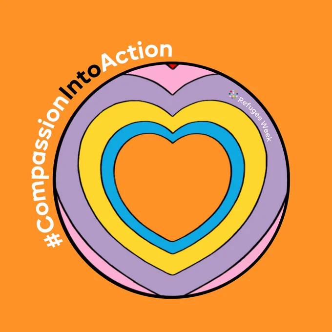A graphic illustration of an orange heart surrounded by rings of blue, yellow, lavender and pink with the words Compassion Into Action surrounding it on an orange background.