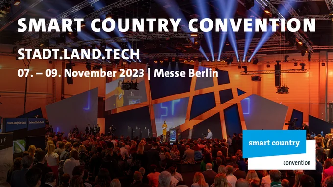 Teaser für die Smart Country Convention vom 07. bis 09. November 2023 bei der Messe Berlin. Motto: Stadt.Land.Tech