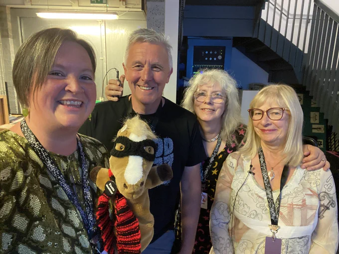 Catherine Jeromson, Super Sheltie, Trevor Wood, Marsali Taylor & Alex Gray backstage at Shetland Noir.