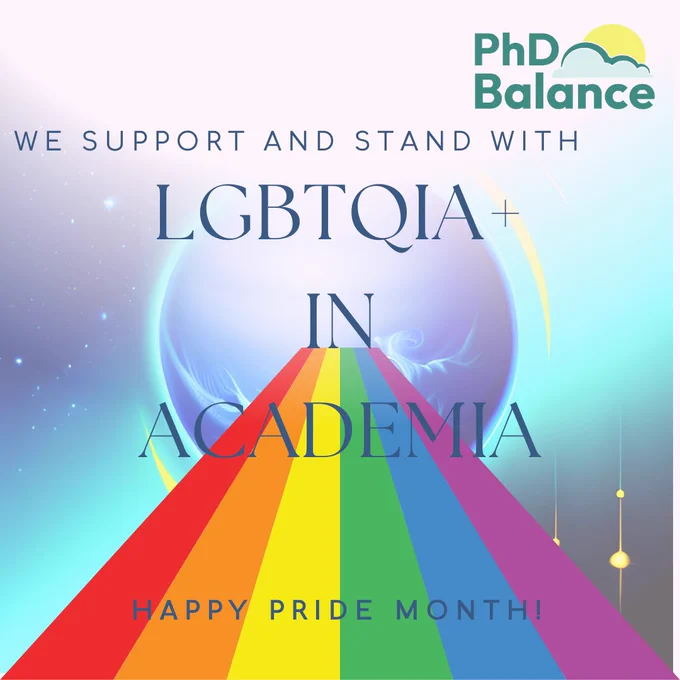 We support and Stand with LGBTQIA in Academia! Happy pride month from PhDBalance. The post is a picture with this message on a rainbow going towards a blue planet in space.