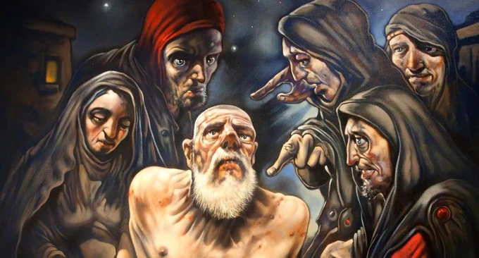Detail of a Peter Howson painting - a figure is in the middle with a white beard surrounded by 5 cloaked figures. 

DETAIL Job; 2011; oil on canvas; 182 x 152cm; Alan and Karen Turner; © the artist; photograph Antonio Parente