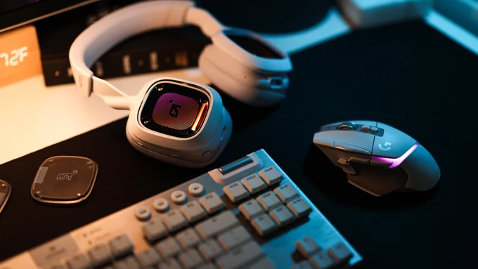A white Logitech G ASTRO Gaming A30 in a gaming setup alongside a white G502 X Plus and G915 TKL.