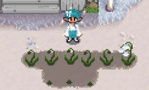 an image of ChiChi's character in Stardew Valley, standing just above pixelate lily of the valley flowers in different growth stages.