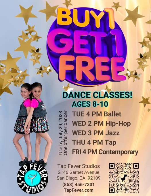 Buy one get one free dance class.  Accessible inclusive adaptive.  Youth ages 8-10.  Tap Jazz ballet contemporary hip hop.   Recital.  Kids.  Children.  Autism.  Impaired.  Summer.  School. 