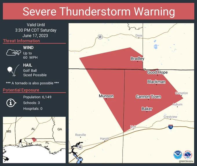 This graphic displays a severe thunderstorm warning plotted on a map. The warning is in effect until 3:30 PM CDT. The warning includes Munson FL, Bradley AL and Cannon Town FL.  This warning is for Southeastern Escambia, Northwestern Okaloosa and Northeastern Santa Rosa Counties. The threats associated with this warning are wind gusts up to 60 MPH and golf ball sized hail. There are 6,149 people in the warning along with 3 schools and 0 hospitals.
