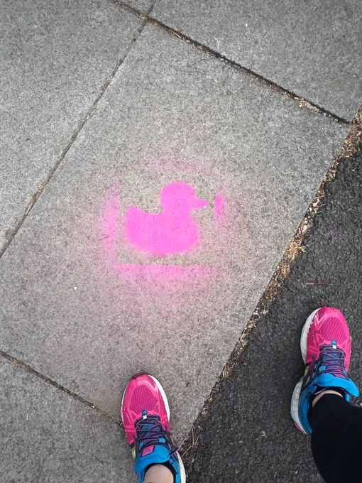 Pink duck spray painted on pavement