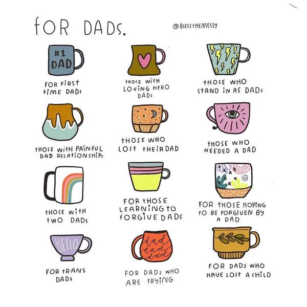 An illustration celebrating Father's Day. There are 4 rows of mugs.

Row 1: (l to r) Under a blue mug it says: For first time dads. Under a brown mug with a pink heart  it says: Those with loving hero dads.; Under a blue and yellow mug it says: Those who stand in as dads.

Row 2 (l to r): under a brown and blue mug, it says: Those with painful dad relationships. Under an orange mug with a crescent moon it says: Those who lost their dads. Under a pink mug with a big eye, it says: For those who needed a dad.

Row 3 (l to r):  Under a white mug with a rainbow it says: those with two dads. Under a yellow mug with pink & blue rim, it says: for those learning to forgive dads. Under a mug with a landscape it says: For those hoping to be forgiven by a dad.

Row 4 (l to r): Under a purple mug saying Hello, it says: For trans dads. Under an orange mug saying "dad dad dad" it says: For dads who are trying. Under a brown mug with a sprig of leaves it says: For dads who have lost a child.