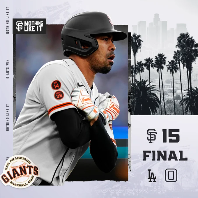 Final score graphic detailing the Giants' 15-0 win at the Dodgers