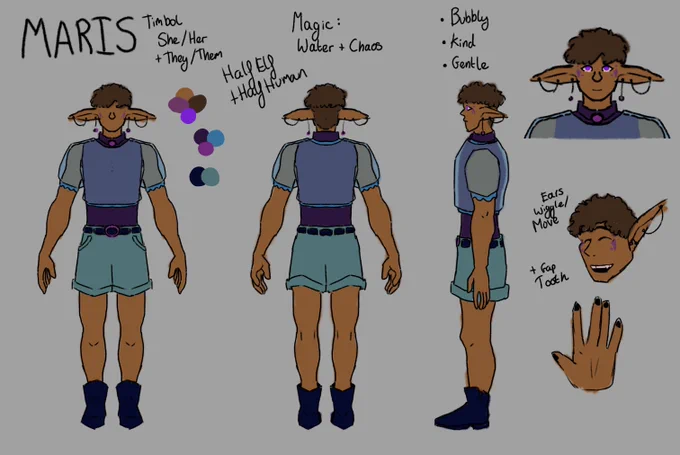 An illustrated turn-around of a person with long ears wearing a semi-transparent light blue, short-sleeved crop top with a dark purple, sleeveless turtleneck underneath. Maris wears short teal shorts and ankle boots. Their nails are painted and they wear loose earrings. They have curly brown hair and a few purple markings on the skin on their face.
