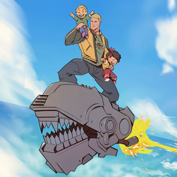 An image of B.J. Blazkowicz with his two young daughters, riding a Panzerhund head in the sky.