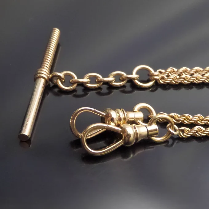 Antique Victorian 16" WATCH Chain Necklace, 4mm Double Albert ROPE Chain, Two SWIVEL Hooks T-Bar, Victorian Gold Filled Jewelry