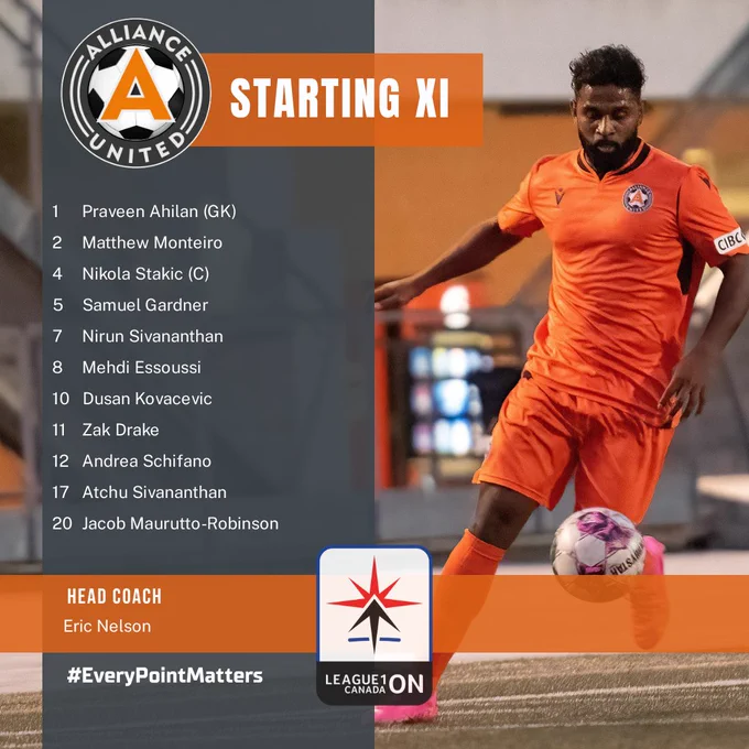 Starting eleven for Alliance United FC: #1 Praveen Ahilan (goalkeeper), #2 Matthew Monteiro, #4 Nikola Stakic (captain), #5 Samuel Gardner, #7 Nirun Sivananthan, #8 Mehdi Essoussi, #10 Dusan Kovacevic, #11 Zak Drake, #12 Andrea Schifano, #17 Atchu Sivananthan, #20 Jacob Maurutto-Robinson, and Head Coach Eric Nelson