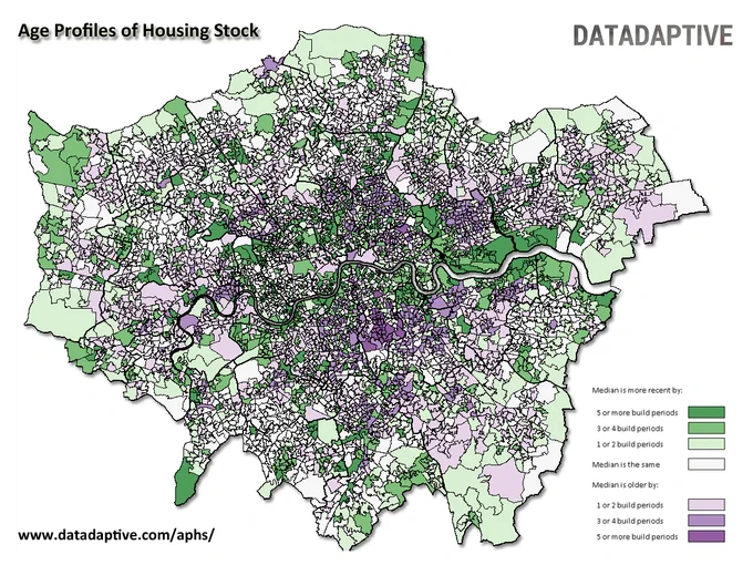 Map of London, illustrating build period data from Datadaptive's Age Profiles of Housing Stock dataset