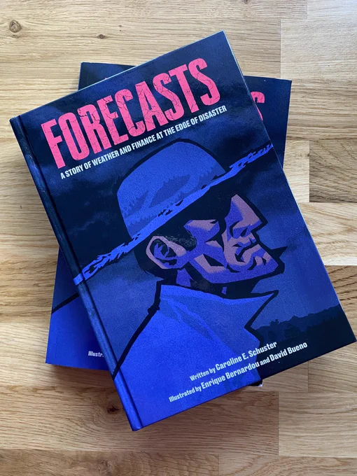 Book cover with a cartoon of an elderly male farmer in profile wearing a straw hat with storm clouds in the background. Title is Forecasts in bold pink letters.
