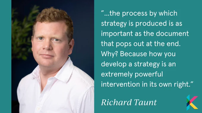 Image shows a picture of Richard with a quote that reads "...the process by which strategy is produced is as important as the document that pops out at the end. Why? Because how you develop a strategy is an extremely powerful intervention in its own right.”