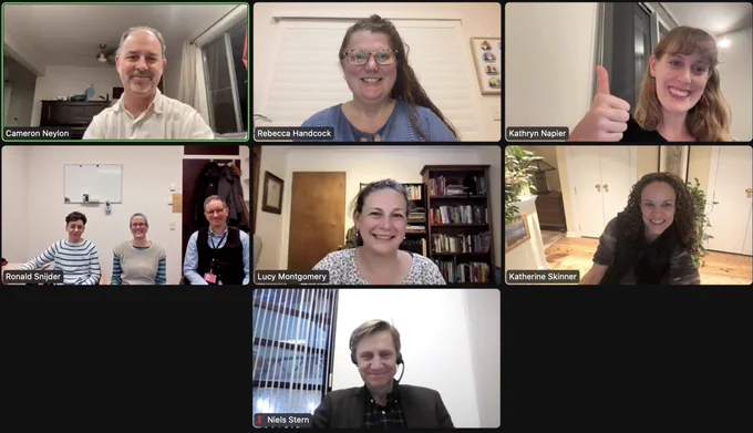 A screenshot of an online video call of the BAD project team. Kathryn Napier, author of the blog post referenced in this tweet, has her thumb up. Everyone else is smiling (but looking a little awkward)