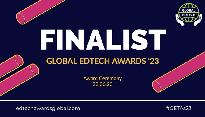Dark image - global logo image cradled by two hands 'Global edtech' label. Image reads: Finalist, Global Edtech Awards '23' - awards ceremony 22nd June 2023 - URL listed for more information reads: edtechawardsglobal.com  