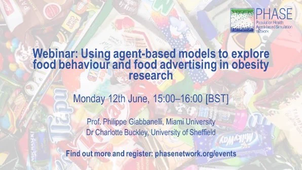 Text says 'Webinar: Using agent-based models to explore food behaviour and food advertising in obesity research'. The text is blue on a background of unhealthy food packaging. 