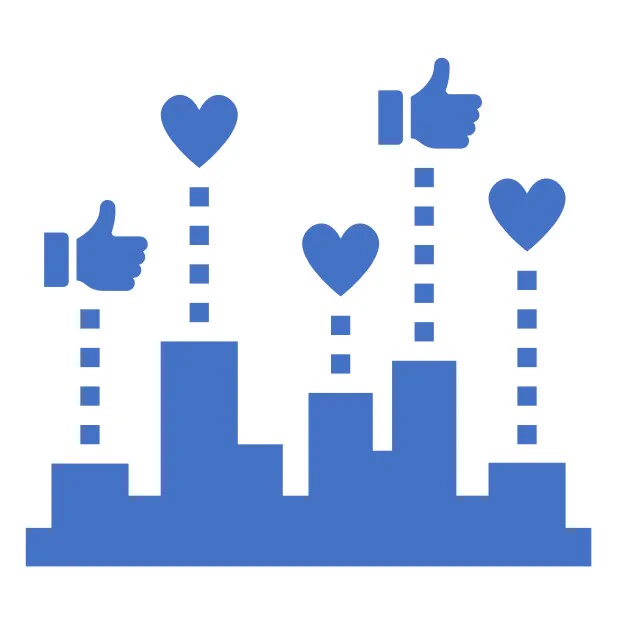 Outline of a group of buildings with emojis and thumbs up signs in blue