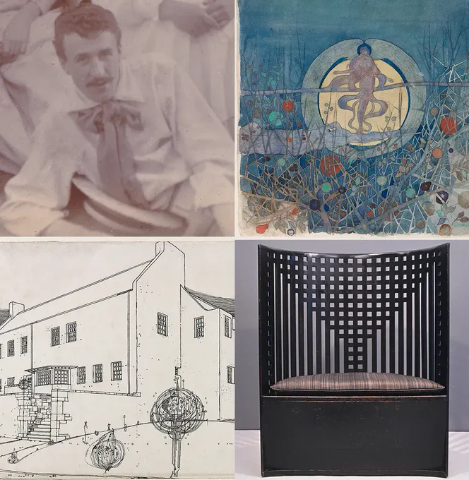 A quarter grid post of Charles Rennie Mackintosh works. Top Left: detail of Mackintosh from the 'Immortals Album', taken on a sketching holiday in Ayrshire in 1893: Top Right: detail from Mackintosh watercolour 'Harvest Moon' (1892) An Angelic figure is backlit against the moon, encircling it with stylised wings, while mists drift around the angel's body. In the foreground, colourful fruits, leaves and flowers appear amongst thorny branches. Bottom left: Design for Windyhill, Kilmacolm, perspective from south-west (1900) a clean line drawing of a Mackintosh building, with rose bushes in the foreground. Bottom right: A Mackintosh chair with a wide seat and a high, curved back, carved with Mackintosh's signature linear grid motif.