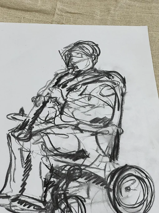 This is a charcoal sketch of Sonia Allori playing EWI seated in her wheelchair.