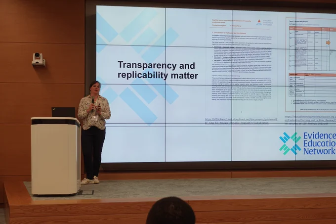 EEF Methodological Innovation Lead, Christine Kelly, presenting on what makes for high-quality evidence in Amman, Jordan.