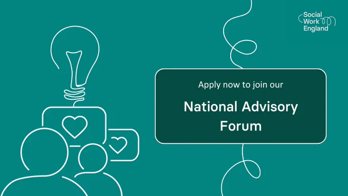 Green background with line illustration of two people with lightbulb above them with text box that has the words: Apply now to join our National Advisory Forum