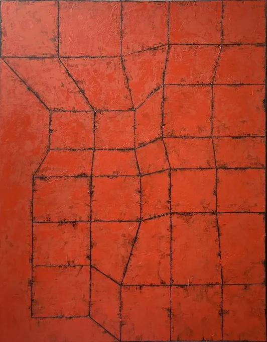 Image: warped mesh in black on a very red background; painterly • "Taylor Galleries are pleased to present an exhibition of new paintings by gallery artist Charles Tyrrell. Comprising mainly of large scale canvases, the artist continues his involvement with grids as first presented in 2019 where the grids were developed with acrylic paint on Yupo paper and also, Indian ink on card.    In this new body of work the grid has been simplified and articulated differently. Less stark graphic depiction and more painterly figure-ground interplay. This new work follows on from the artist's Liffey Grid, a four by ten metre vitreous enamel painting forming a gateway into the new Tropical Fruit Warehouse development on Sir John Rogerson's Quay in Dublin  which was installed in 2022."