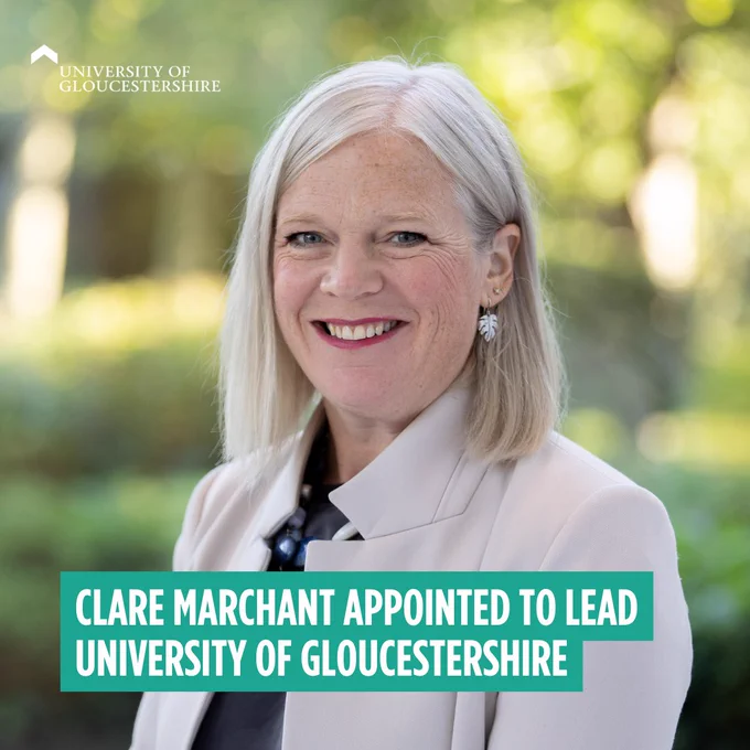 Image of Clare Marchant with University logo and text: Clare Marchant Appointed to lead University Of Gloucestershire