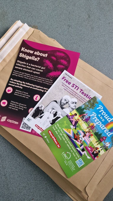Photo of leaflets and poster. 
1. Know about Shigella?
2. Sti testing info
3. Proud and Prepared 