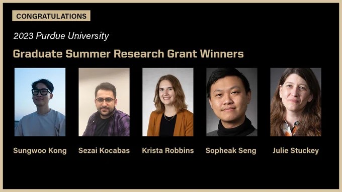 Photo of 5 PhD students & congrats text
