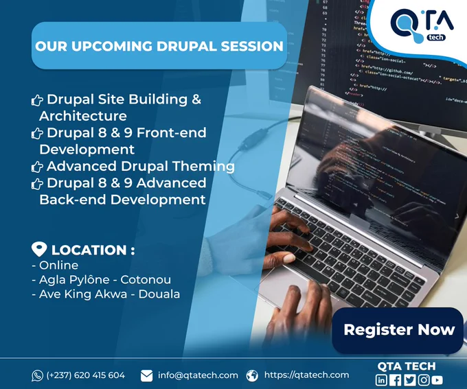 🔹 Drupal Site Building & Architecture: https://qtatech.com/en/training/drupal-site-building-architecture

🔹 Drupal 8 & 9 Front-end Development: https://qtatech.com/en/training/drupal-8-9-front-end-development

🔹 Advanced Drupal Theming: https://qtatech.com/en/training/advanced-drupal-theming
🔹 Advanced Back-end Development:https://qtatech.com/en/training/drupal-8-9-advanced-back-end-development 
