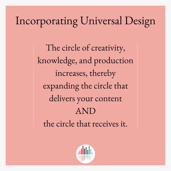 Pale peach background with black text:  Incorporating Universal Design:  The circle of creativity, knowledge, and production increases, thereby expanding the circle that delivers your content AND the circle that receives it.
Logo:  Multicolored sound bar in a white circle background.