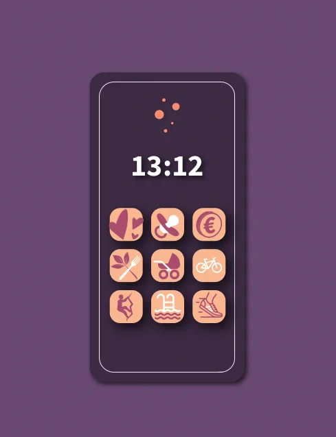 sur fond violet, une représentation stylisée d'un ordiphone qui affiche 13:12 et une série d'applications symbolisant diverses avtivités (argent, vélo, escalade, nourriture etc.