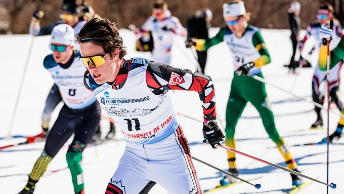 Photo of Sam Hendry during an NCAA nordic skiing championships race. 