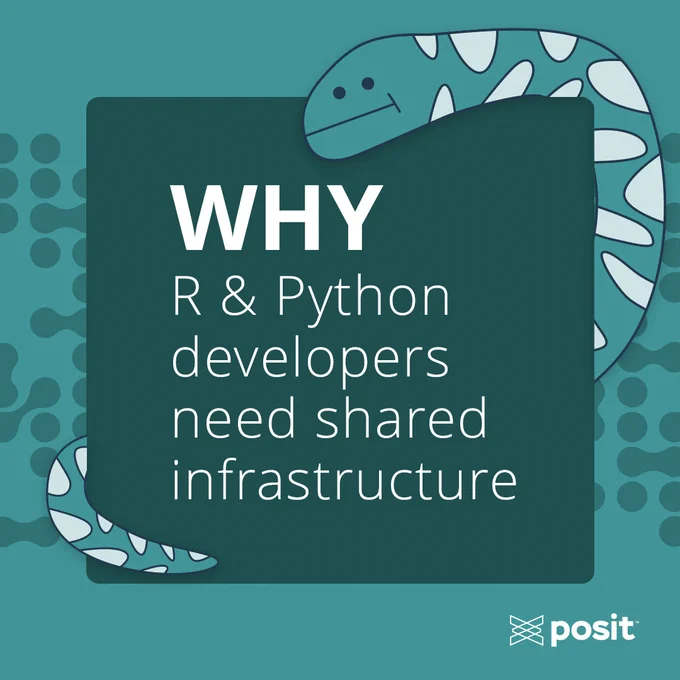 The text reads, "Why R & Python developers need shared infrastructure" against a green background with an illustrated Python in the background.