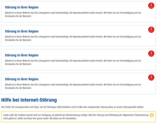 Screenshot der Meldungen im Kundenaccount: "Störung in Ihrer Region Aktuell ist in Ihrem Wohnort das DSL-Leitungsnetz stark beeinträchtigt. Die Reparaturarbeiten laufen bereits. Wir bitten Sie um Entschuldigung und um Verständnis für die Wartezeit. "