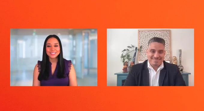 On an orange background are photos of two peopls. On the left is Kena Johnson from The Channel Company and on the right is Jack Jackson from Instructure. 