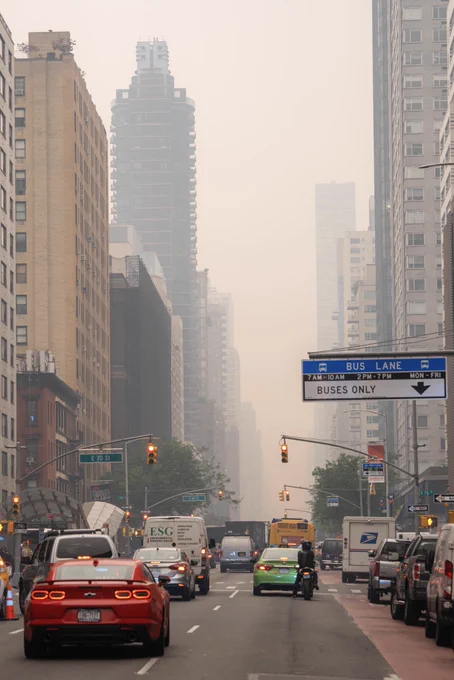 NYC upper east side— 71st & 2nd intersection, photo viewing down 2nd Ave facing south, low visibility due to poor air quality