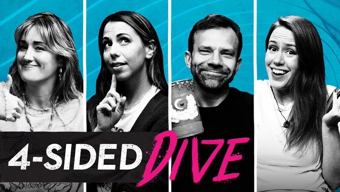 Ashley Johnson, Laura Bailey, Liam O'Brien and Marisha Ray sit in black and white portrait against a lined blue backdrop in this thumbnail for 4-Sided Dive 