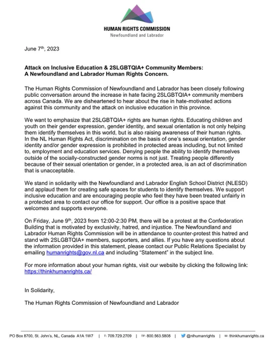 Photo ID: a statement addressing the recent attack on inclusive education & 2SLGBTQIA  community members.